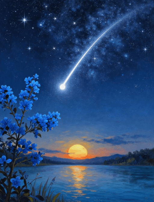 艺术装饰素材：蓝色花枝与流星交织的梦幻夜空油画