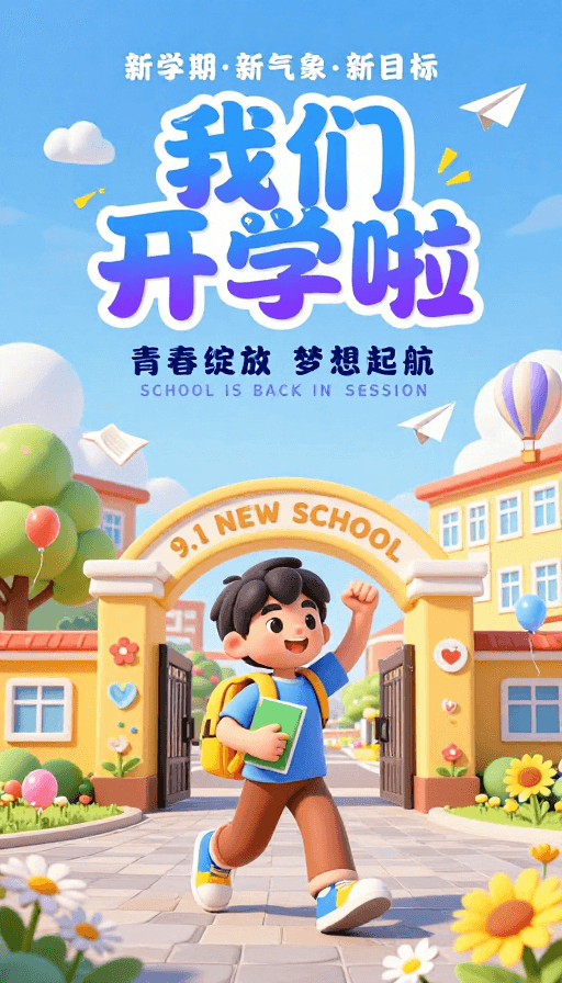 校园氛围素材：活力3D卡通清新开学海报
