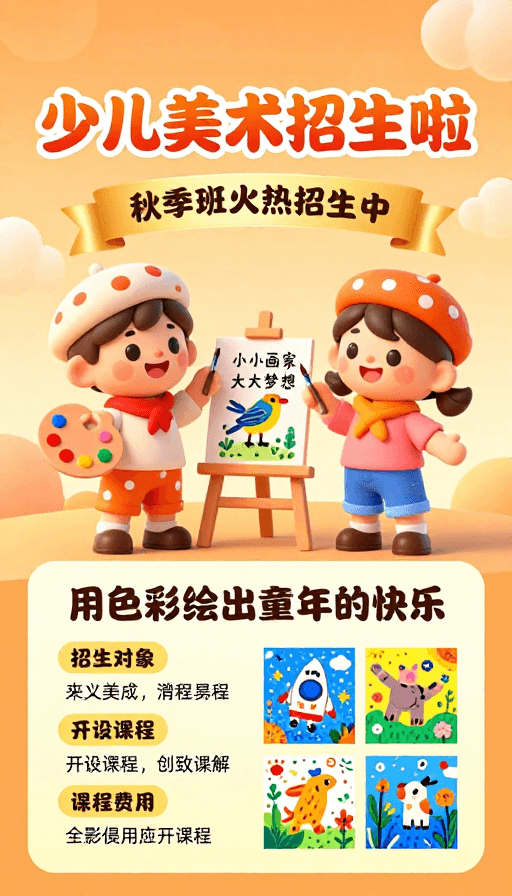 暖色调设计素材：童趣秋招：3D卡通插画风少儿美术招生海报