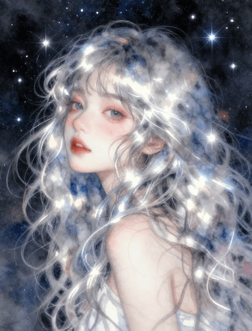梦幻童话素材：银发少女与星河：超现实水彩梦幻意境