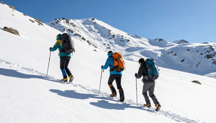 雪山景观素材：四色登山者勇攀雪峰，光影交织展现专业户外魅力