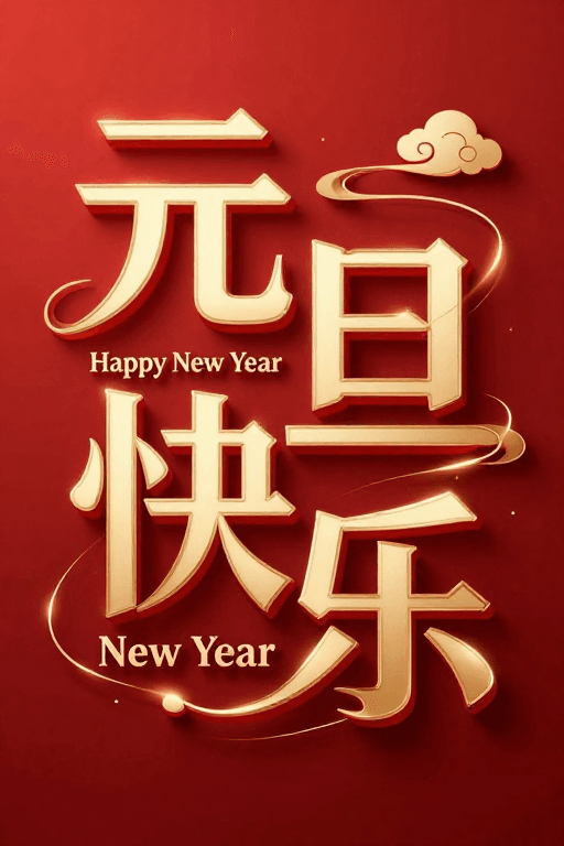 暖金配色素材：元旦现代商业字体设计，暖金深红交织寓意繁荣昌盛