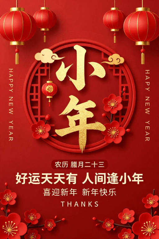 红金配色素材：喜庆中国风小年海报：金红配色传统新年祝福
