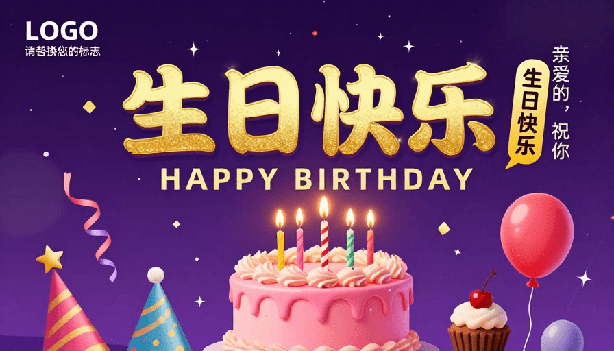 立体文字素材：梦幻生日庆典：金色浮雕与粉色蛋糕的华丽祝寿