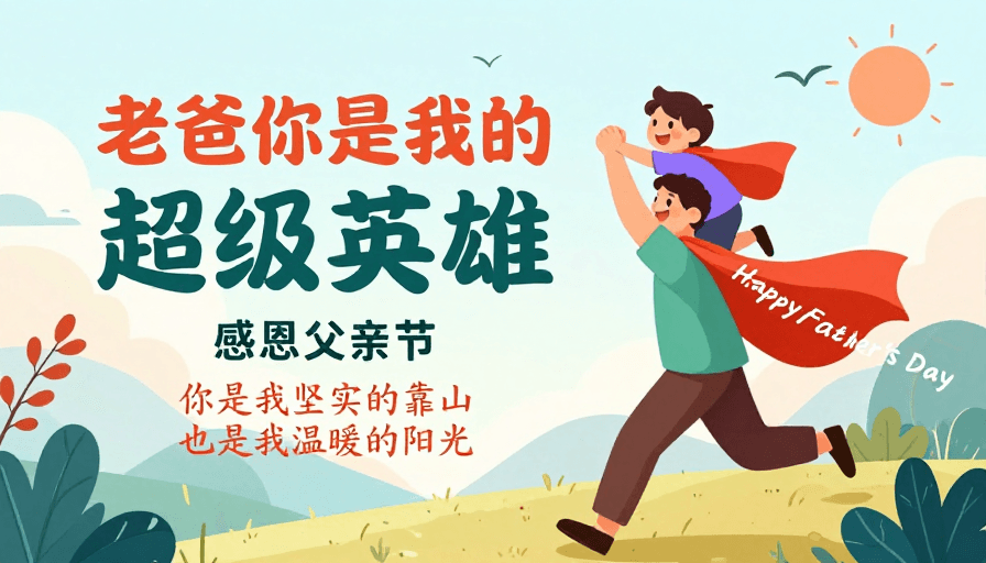 海报设计素材：暖色插画父子奔跑，父亲节超级英雄主题海报