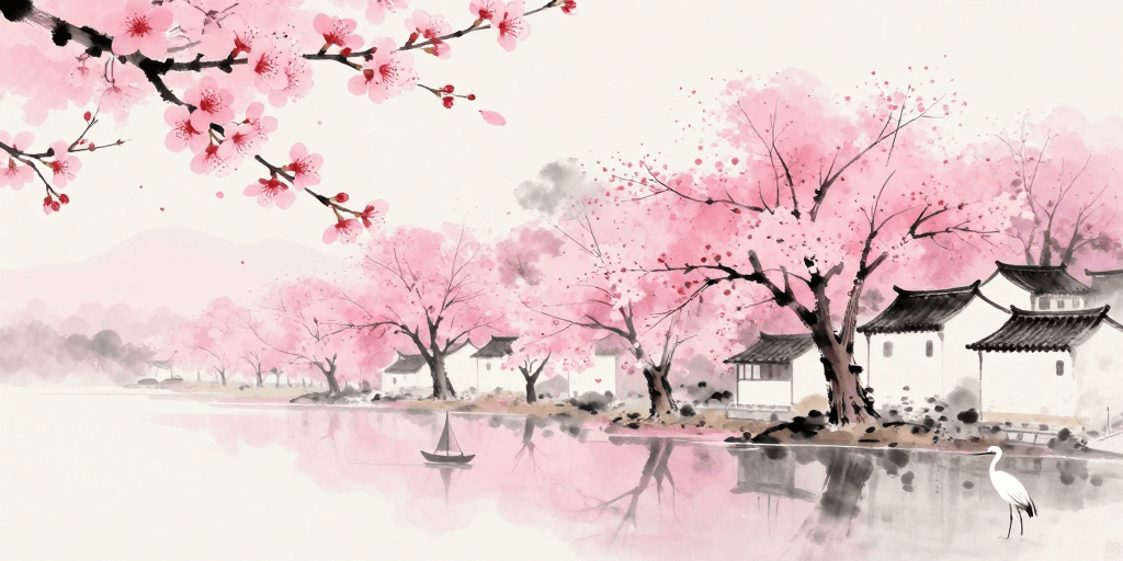樱花插画素材：水墨粉彩樱花春景：诗意东方意境
