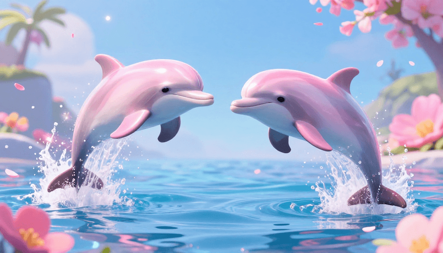海洋生物素材：粉光海豚跃浪：皮克斯梦幻海洋瞬间