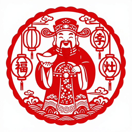 宫灯点缀素材：红白剪纸财神欢度佳节