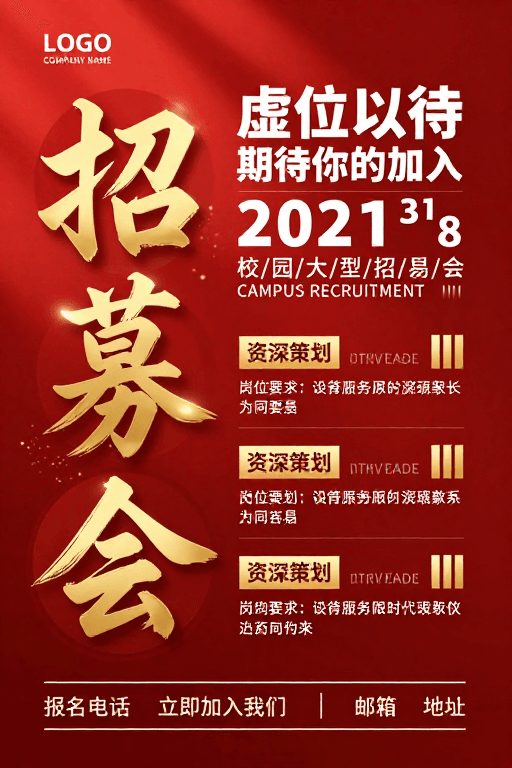 企业招聘素材：金秋招聘海报设计：红色渐变金笔书法
