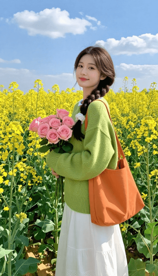 高清人像素材：春日花海少女：清新田园写真