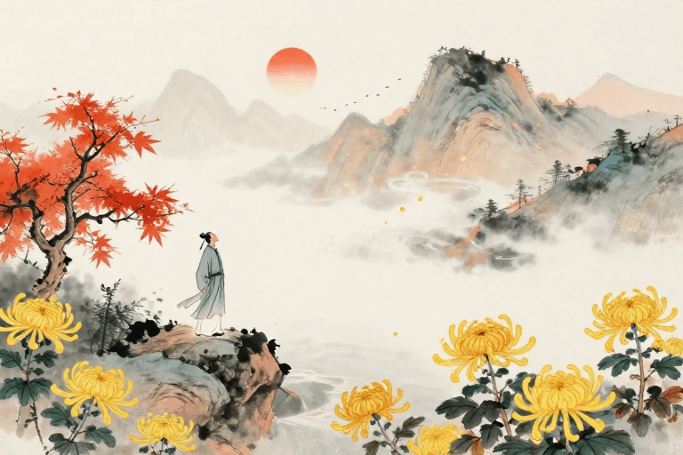 秋季山水画素材：水墨秋韵·文士伫立远山图