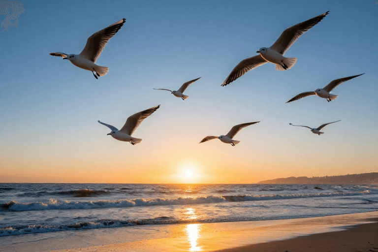 摄影素材：蔚蓝天空海鸥翱翔：海滩日落高清实拍
