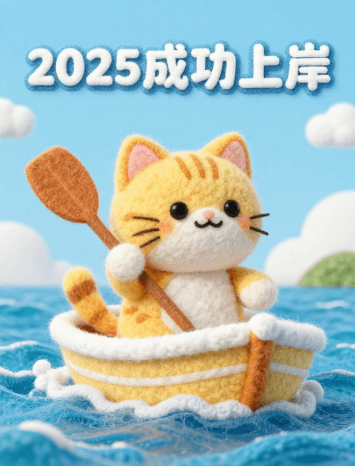 羊毛毡素材：2025上岸！羊毛毡金渐层划船励志插画