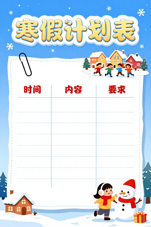 时间管理素材：冰雪童趣寒假计划表海报