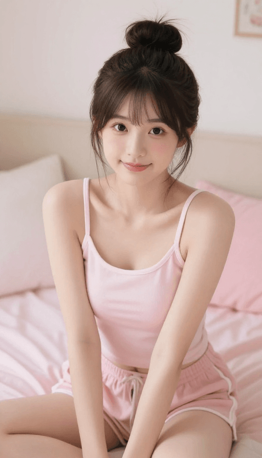 室内写真素材：日系清新：粉色卧室中的清纯丸子头少女写真