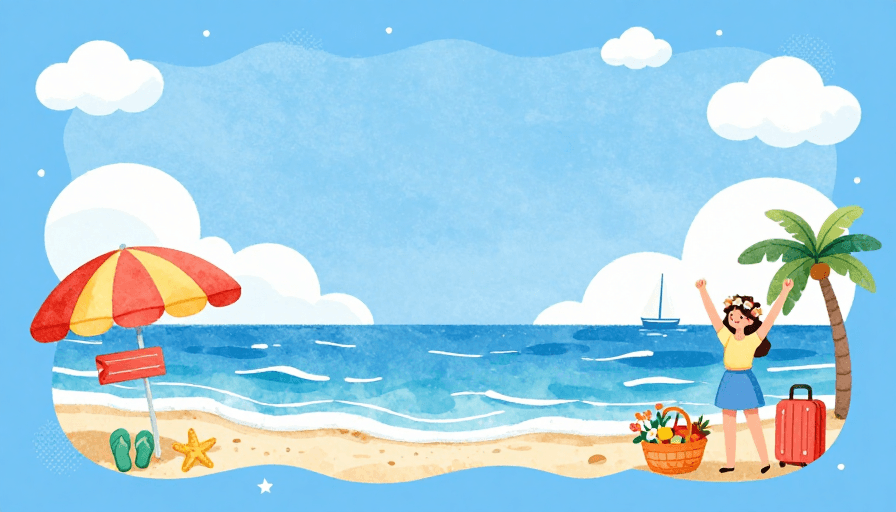 水彩插画素材：手绘水彩夏日海滩插画：清新度假风