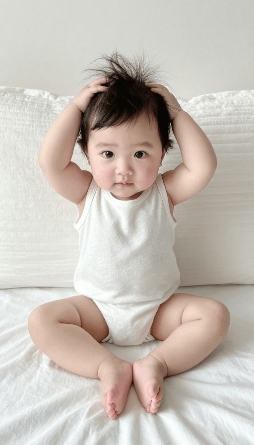 社交头像素材：萌娃宝宝可爱睡姿：双手抱头在床上安睡