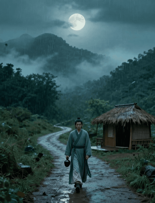 电影质感素材：月下古人行：冷调春山实景电影质感