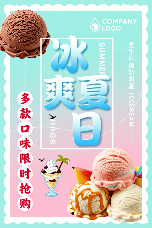 清新插画素材：夏日清凉促销海报：冰爽冰淇淋插画设计