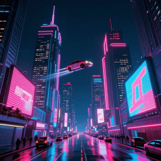 复古未来主义素材：赛博朋克复古未来城市夜景：霓虹光影与飞行汽车