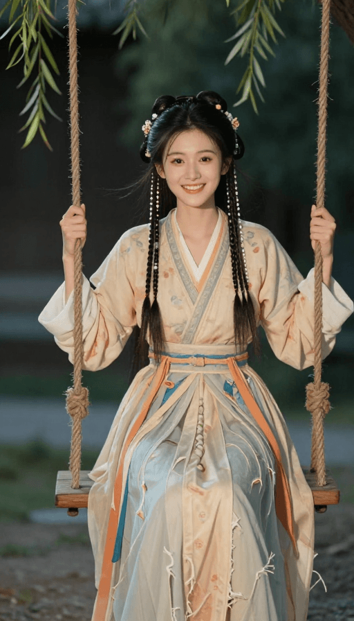 人物肖像素材：古风少女秋千欢笑 8K写实电影感