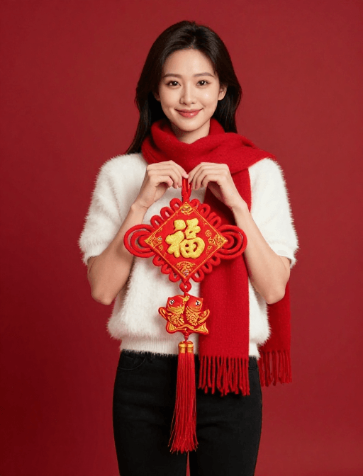红色背景素材：亚洲女性手持福字中国结，新春吉祥海报