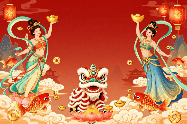 节庆氛围素材：国潮风新年庆典插画，红色喜庆对称设计