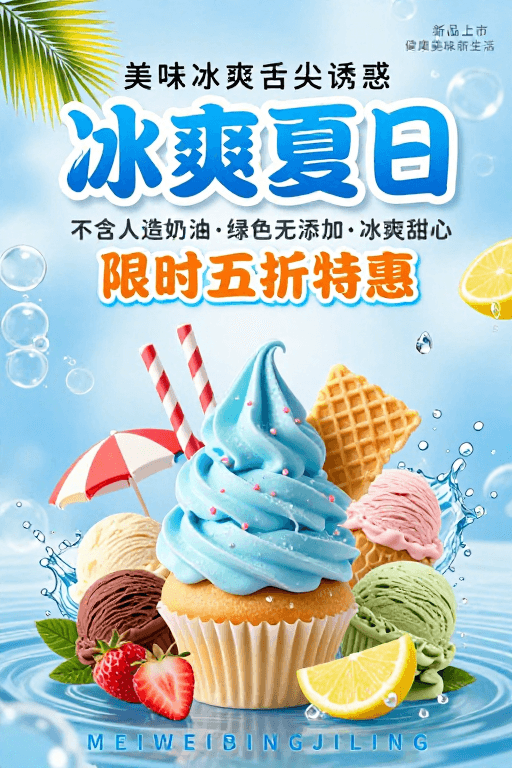 清新插画素材：冰爽夏日清凉冰淇淋促销海报