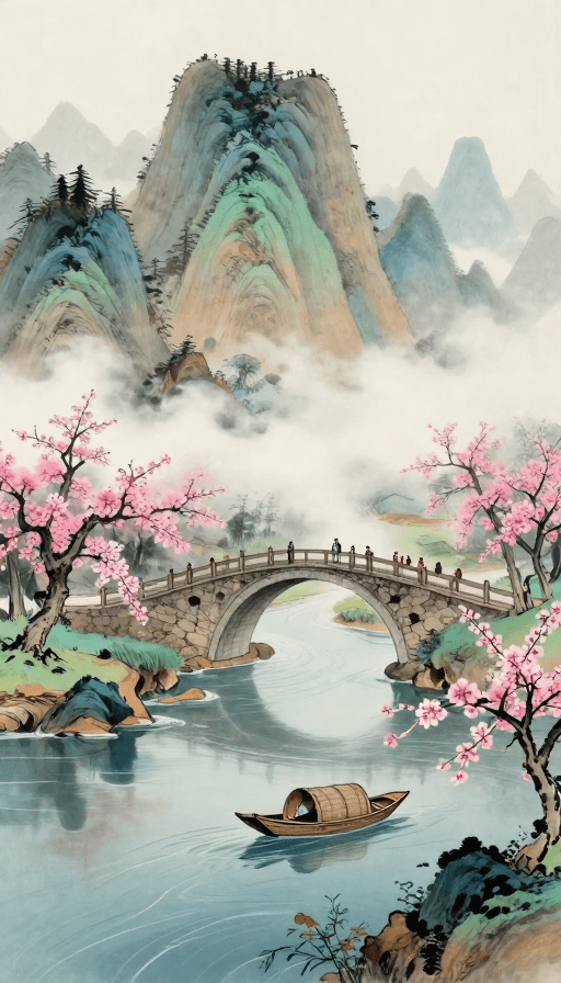 超高清渲染素材：江南春色：超清山水画中的梦幻田园
