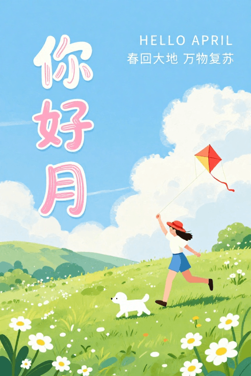 扁平风格素材：你好四月：清新治愈春日插画海报