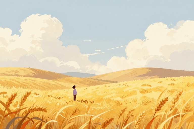 背景设计素材：秋日治愈风景插画：金黄麦田中的宁静沉思