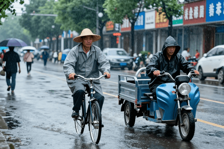 城市纪实素材：积水长街：雨中骑行者与三轮车伙伴的城市纪实