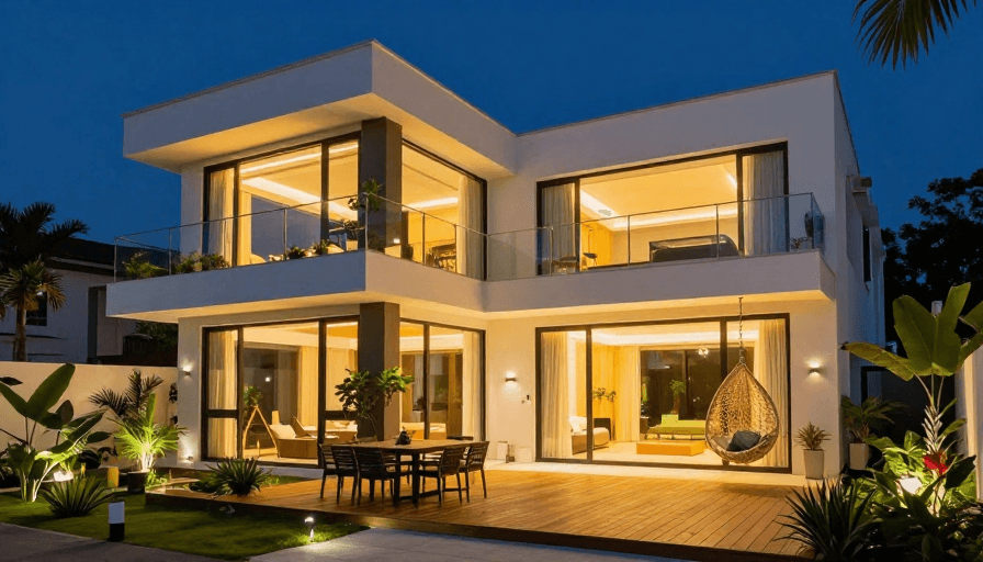 现代住宅素材：现代极简住宅夜景：暖光营造高端居住氛围