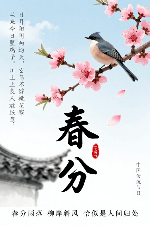 传统书法素材：中国风春分节气海报：水墨意境与灵动生机
