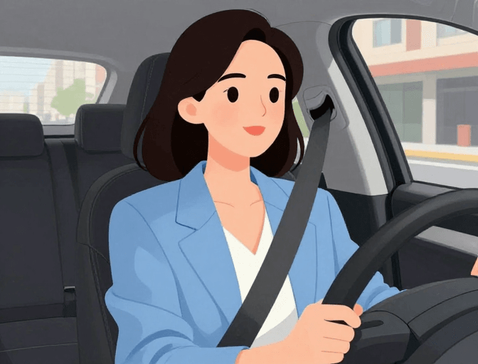 职业女性素材：卡通都市丽人：淡蓝西装驾车穿行城市