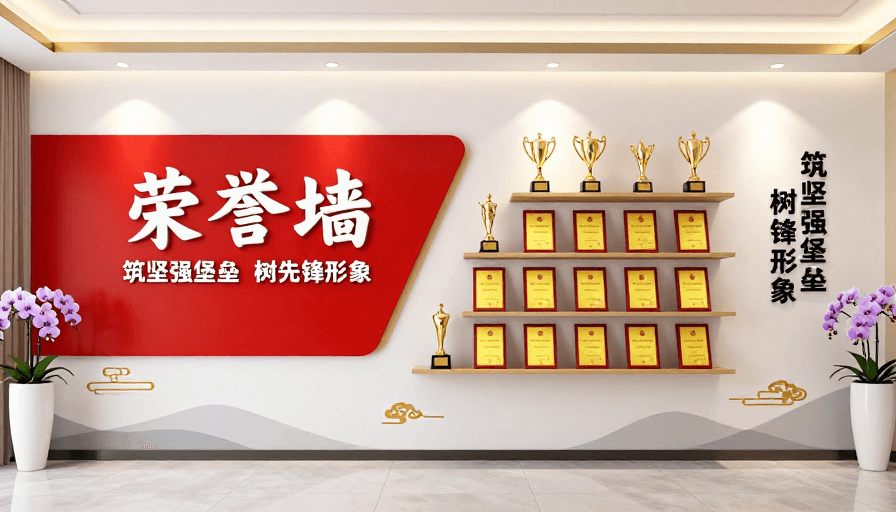 金色装饰素材：现代企业荣誉墙：红白金配 庄重典雅