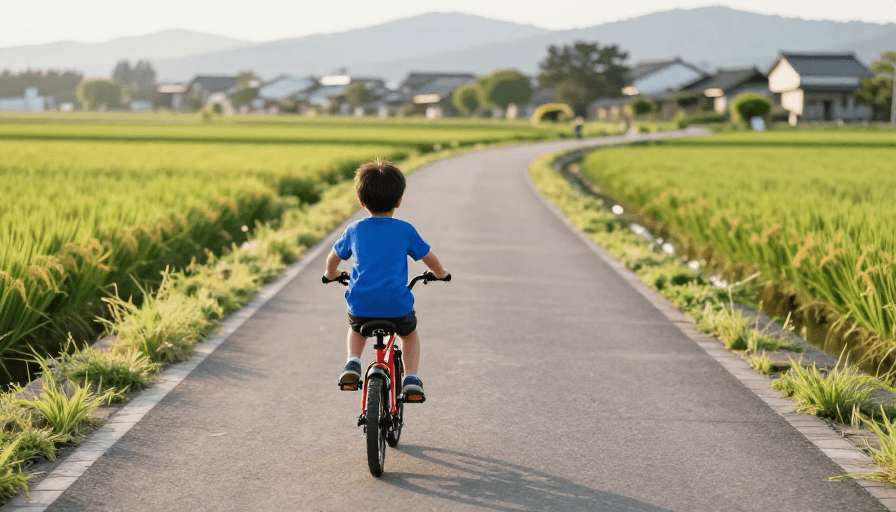 田园风光素材：晨光中的田园骑行：日系乡村生活的美好瞬间