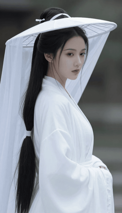 文化符号素材：冷峻女道士侧影：白色斗笠下的神秘东方美学