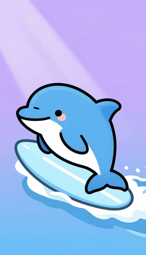 海洋生物素材：紫色霞光下蓝海豚冲浪卡通插画