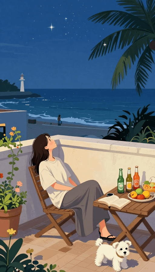 插画风格素材：星海下的宁静：海边露台宵夜时光