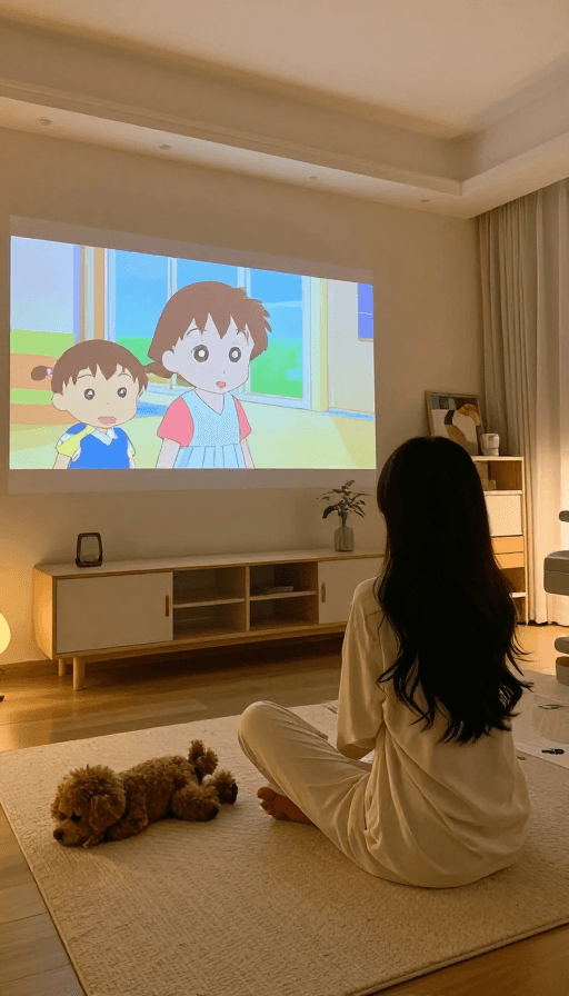 客厅布置素材：温馨动漫风：全景客厅中少女与泰迪看投影的居家瞬间