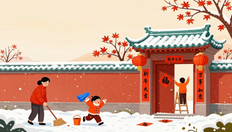 家庭团圆素材：新春手绘：暖橙与白雪共绘团圆年景