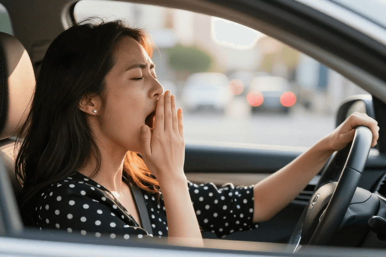 女性驾驶员素材：疲惫驾驶警示：亚洲女性驾驶员侧拍打哈欠高清摄影