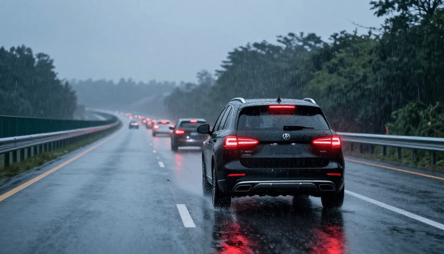 冷调摄影素材：雨夜高速行车：冷峻SUV尾灯映照湿滑路面