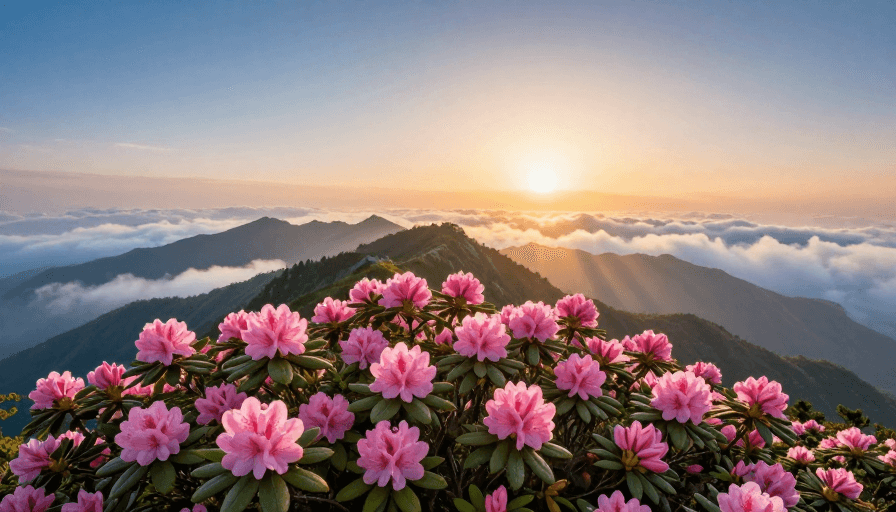 侧逆光暖调素材：晨曦金辉下的杜鹃花丛：层叠山脉与云海间的自然之美
