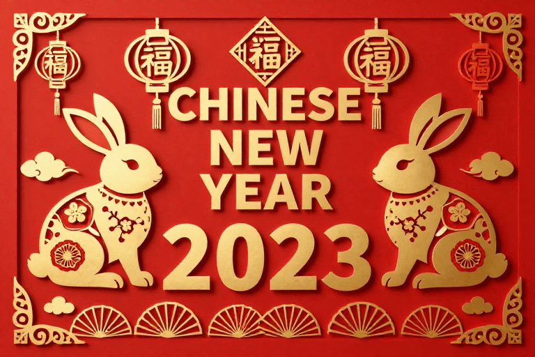 非遗艺术素材：新春剪纸风2023兔年主题背景图