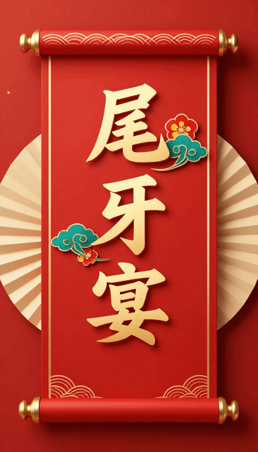 企业年会素材：金色‘尾牙宴’立体书法卷轴 传统中国风喜庆海报设计