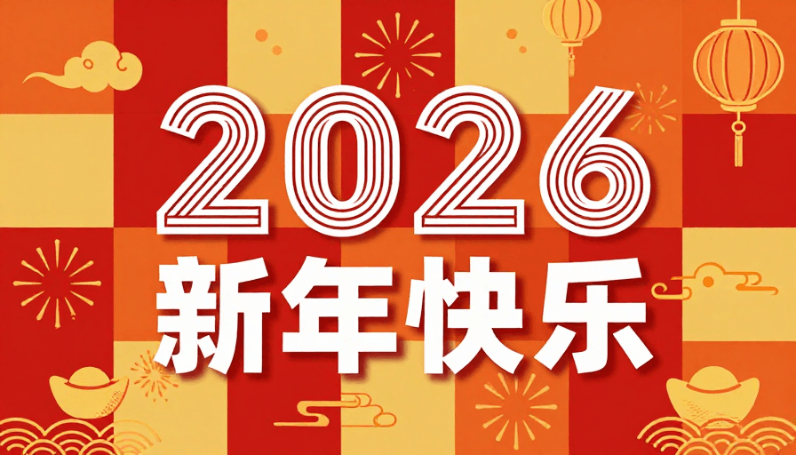 2026素材：2026新年贺图：红金几何扁平插画风