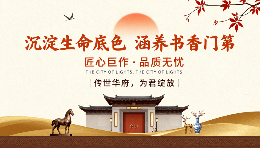 建筑设计素材：中国风高端地产海报，金色宣纸纹理融合传统意境