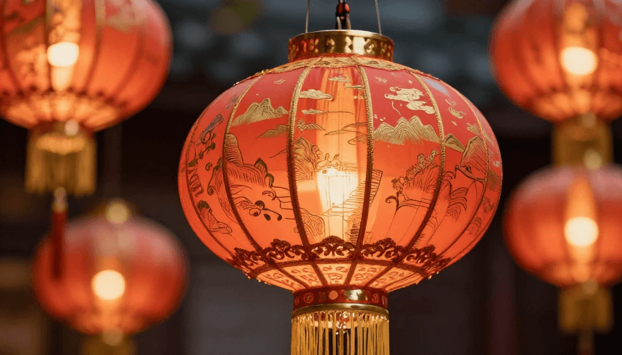 中式灯笼素材：暖光中式灯笼特写：传统纹样与节日辉光